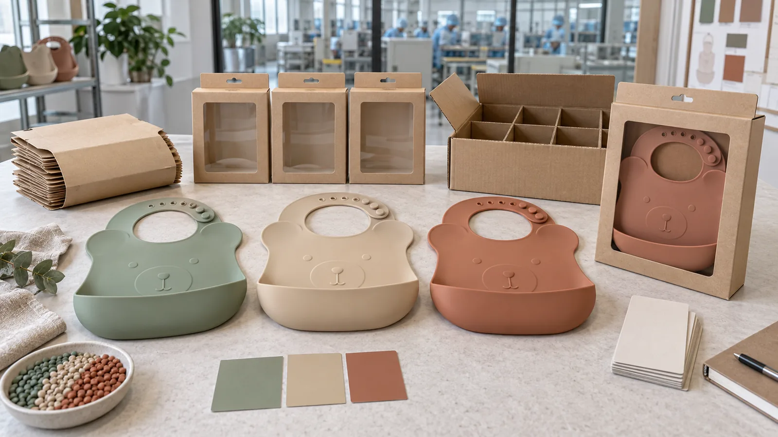 Animal-shaped silicone pocket bib color set with blank kraft retail packaging and carton divider