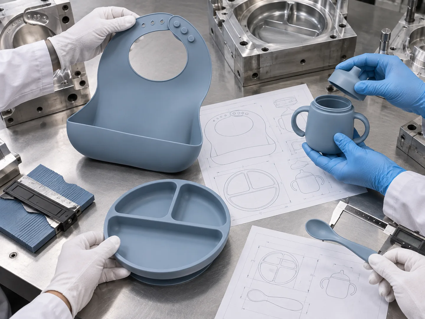 Component DFM and Tooling Review Blue silicone bib plate training cup and spoon reviewed with drawings molds and inspection tools