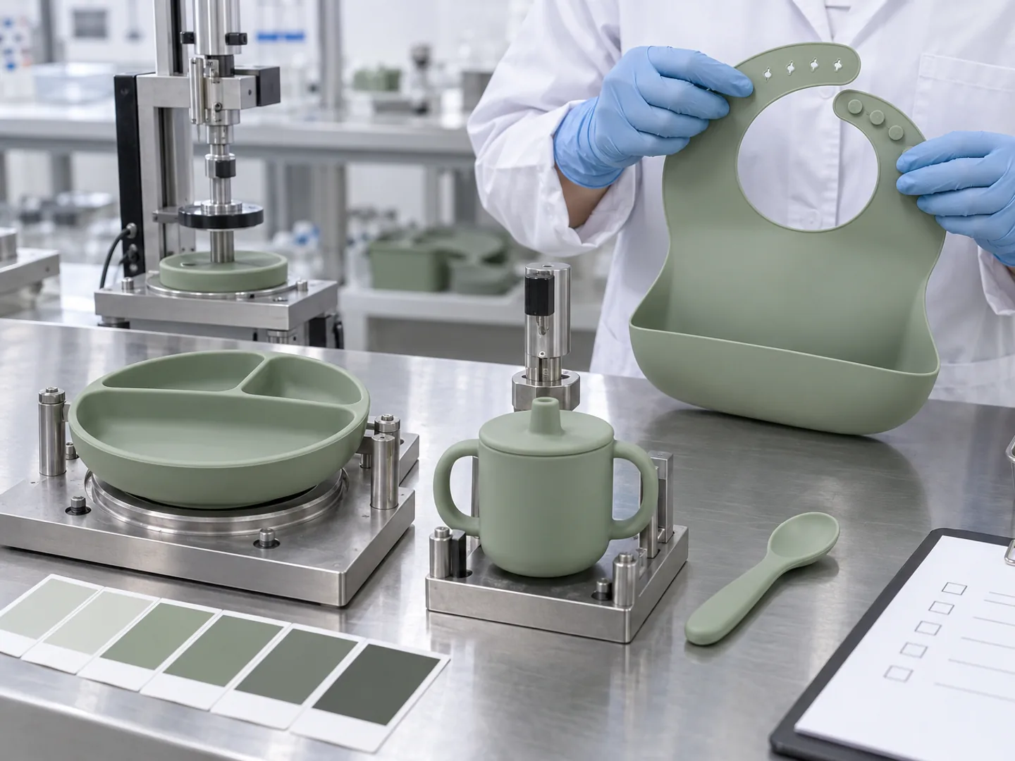 Functional and Color-Family Validation Sage silicone feeding set components undergoing fixture fit and physical color validation