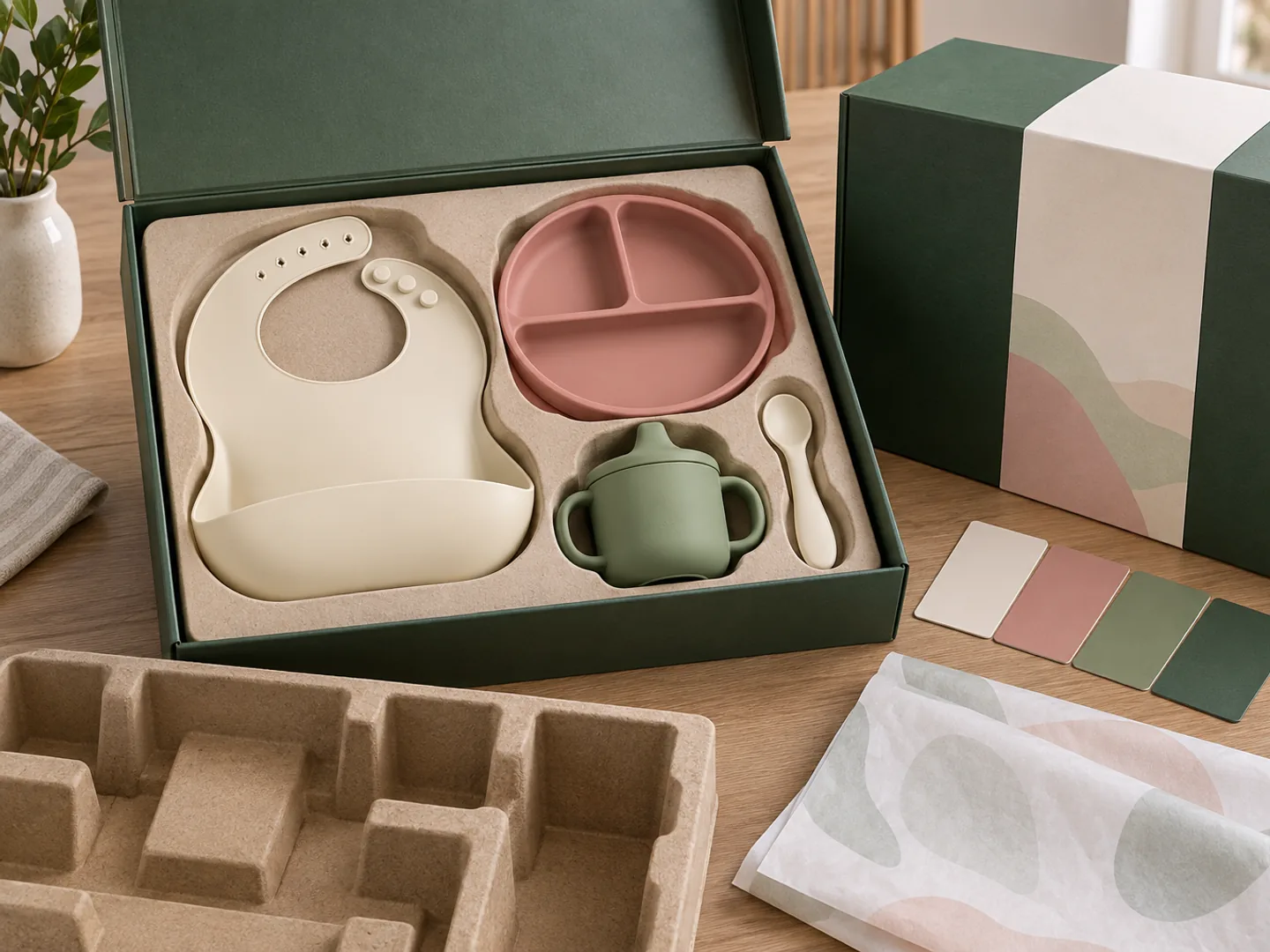 Gift-Box Pack-Out Approval Cream bib rose plate sage cup and spoon packed in a forest-green private-label gift box