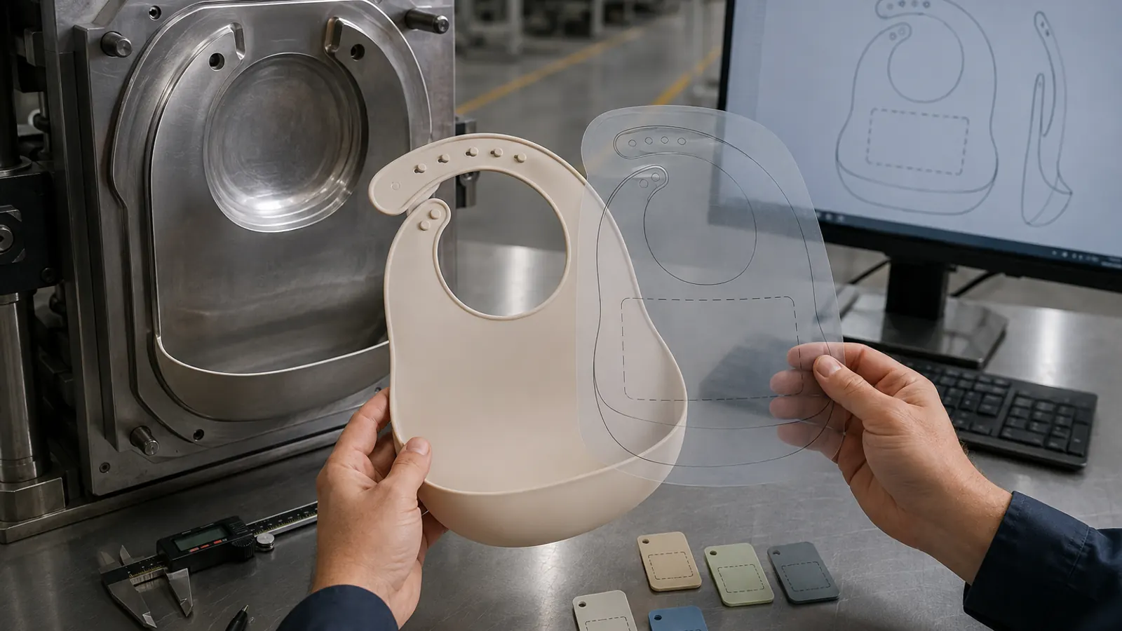 Printed silicone baby bib mold prototype CAD outline and artwork boundary review