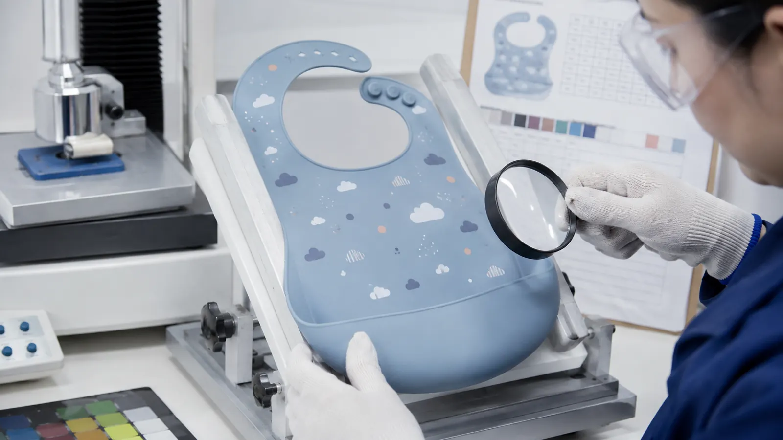 Print registration surface and controlled rub validation for a silicone baby bib