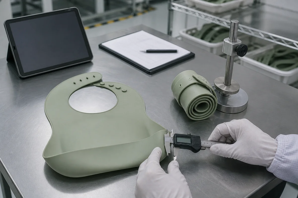 Pocket and Roll-Up Validation Pocket recovery thickness and rolled-storage validation for a silicone baby bib
