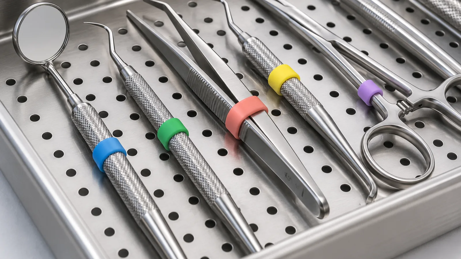 Color-coded silicone identification rings fitted to generic stainless steel instrument handles in a clean tray