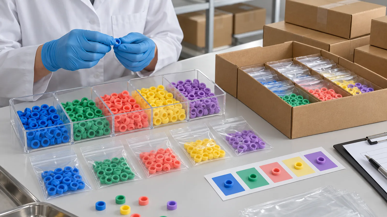 Silicone instrument identification rings sorted by color into compartment trays and labeled plain pouches