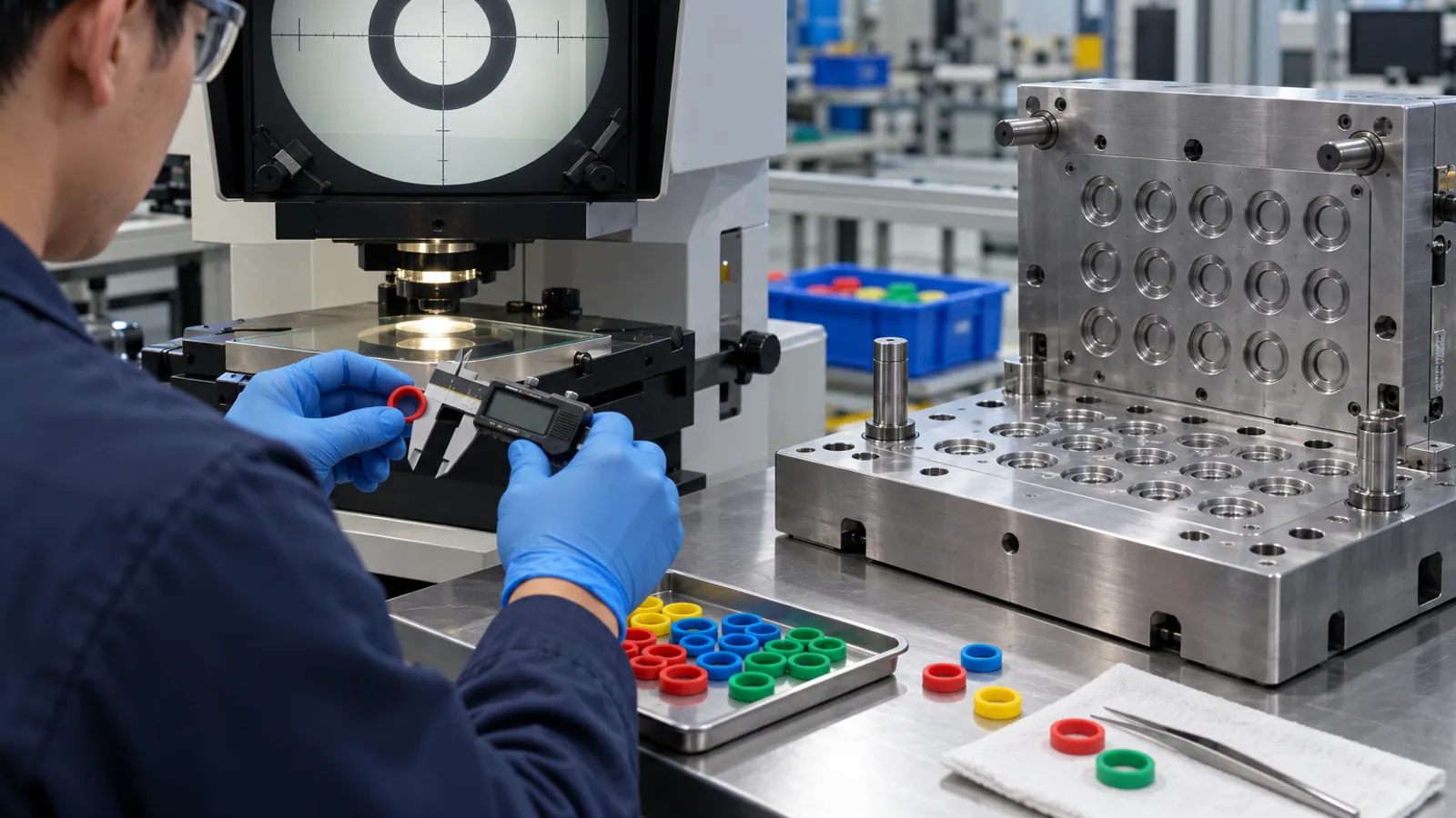 Engineer measuring silicone identification rings beside a precision multi-cavity aluminum compression mold