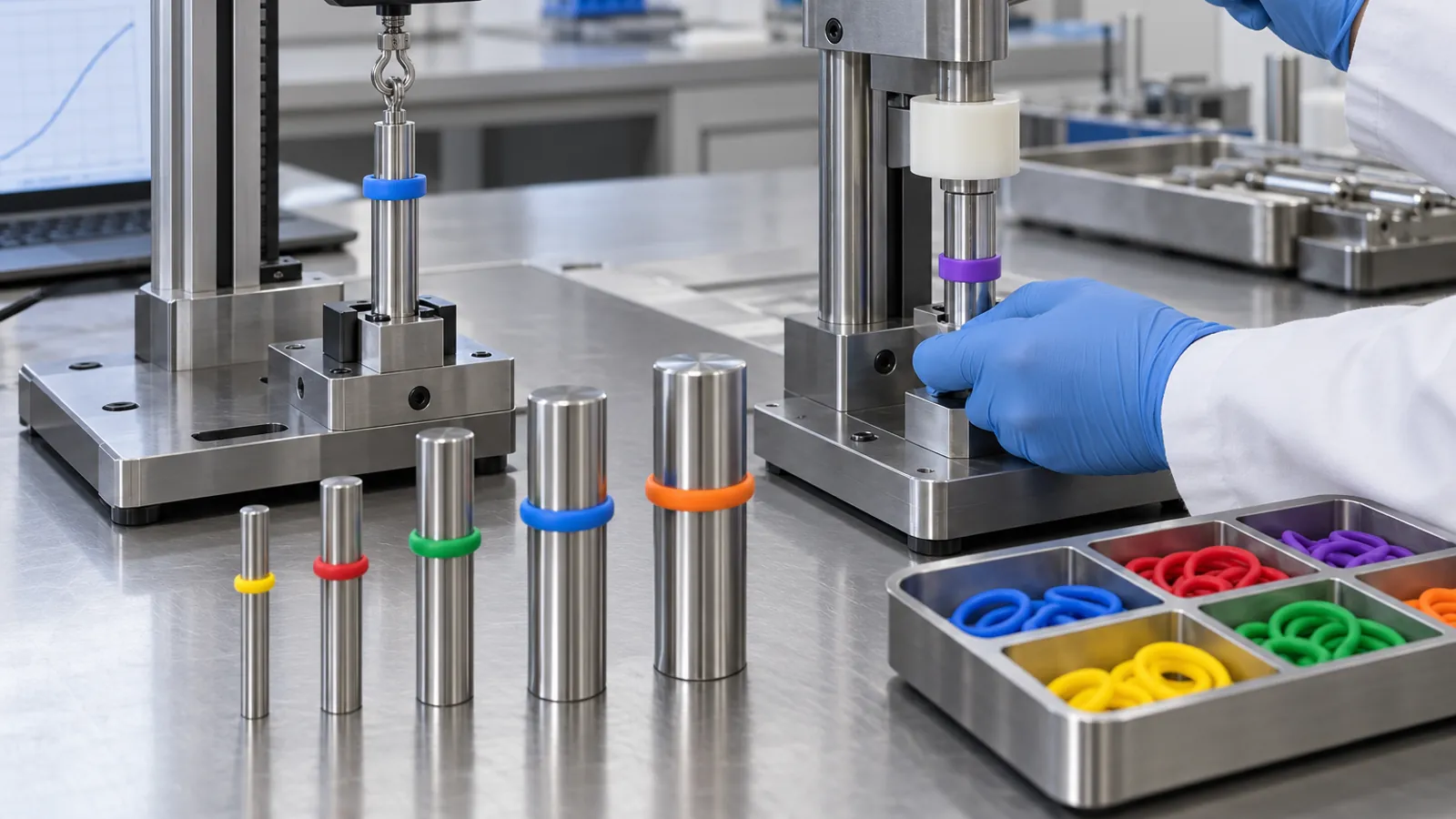 Technician testing silicone identification ring fit and pull retention on cylindrical stainless steel handle fixtures
