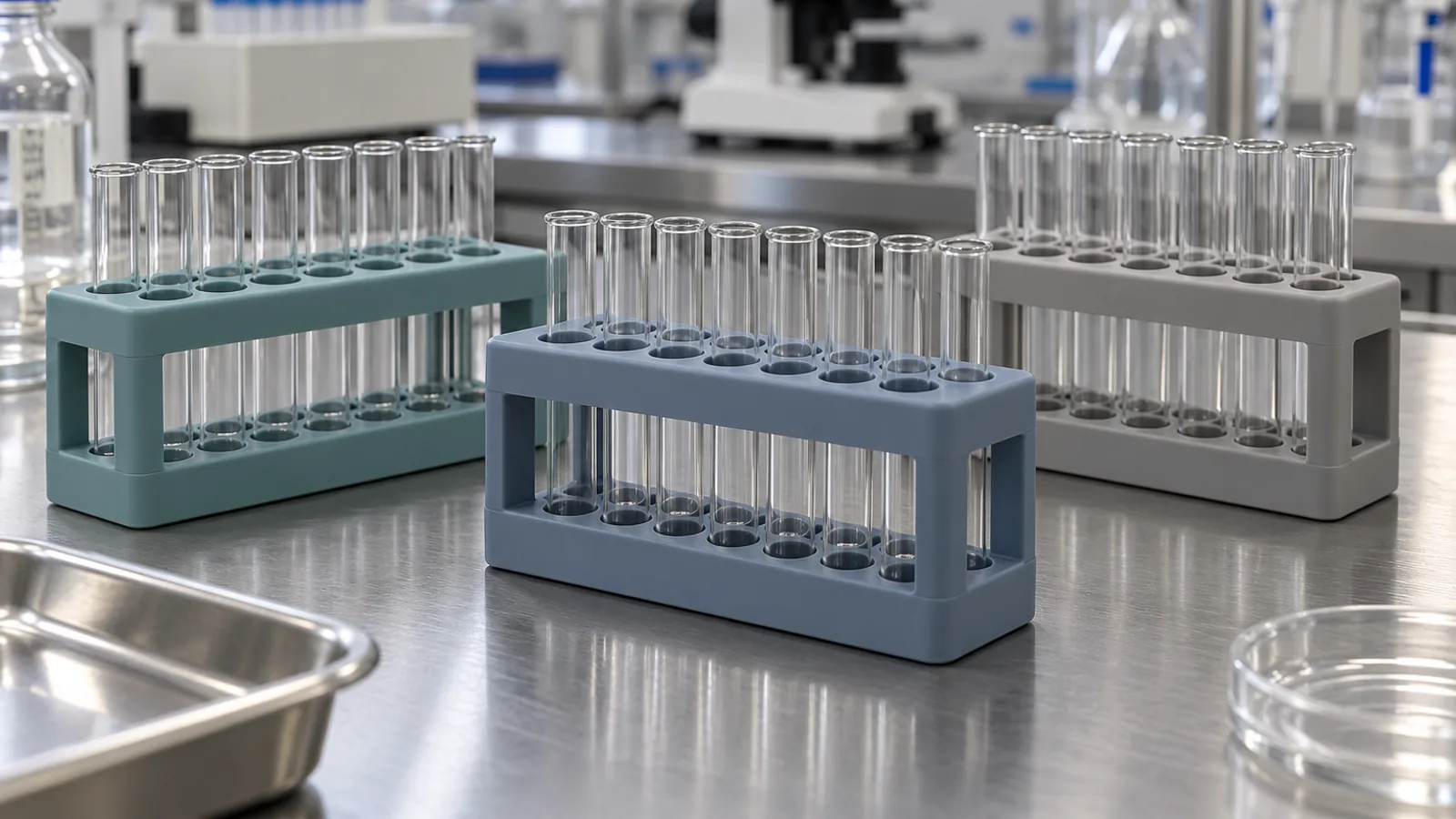 Teal blue-gray and warm-gray silicone laboratory test tube racks holding clear glass tubes on a working lab bench