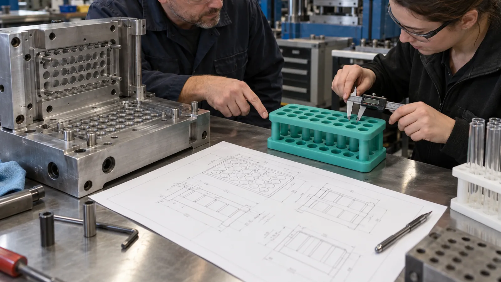 Aperture DFM and Tooling Review Toolmaker and engineer reviewing an aluminum mold and teal silicone test tube rack first article