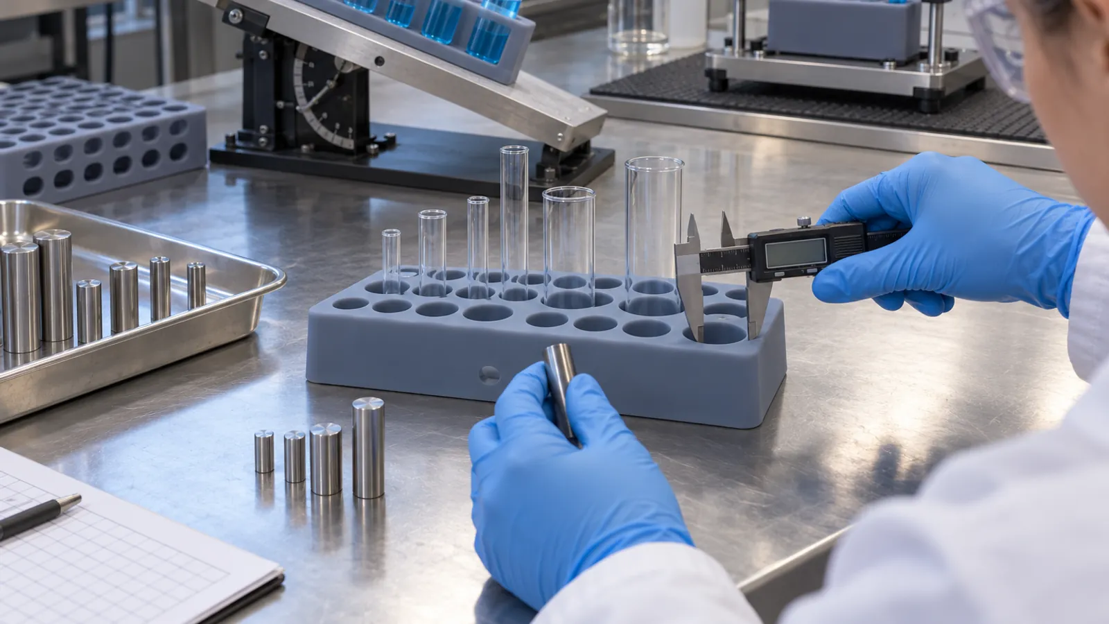 Tube Fit and Stability Validation Laboratory technician checking silicone rack apertures and representative tube diameters with calipers and gauge pins