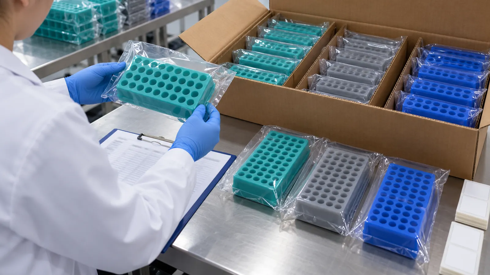 Color Identification and Export Pack-Out Teal gray and blue silicone tube racks bagged and separated in export-carton dividers