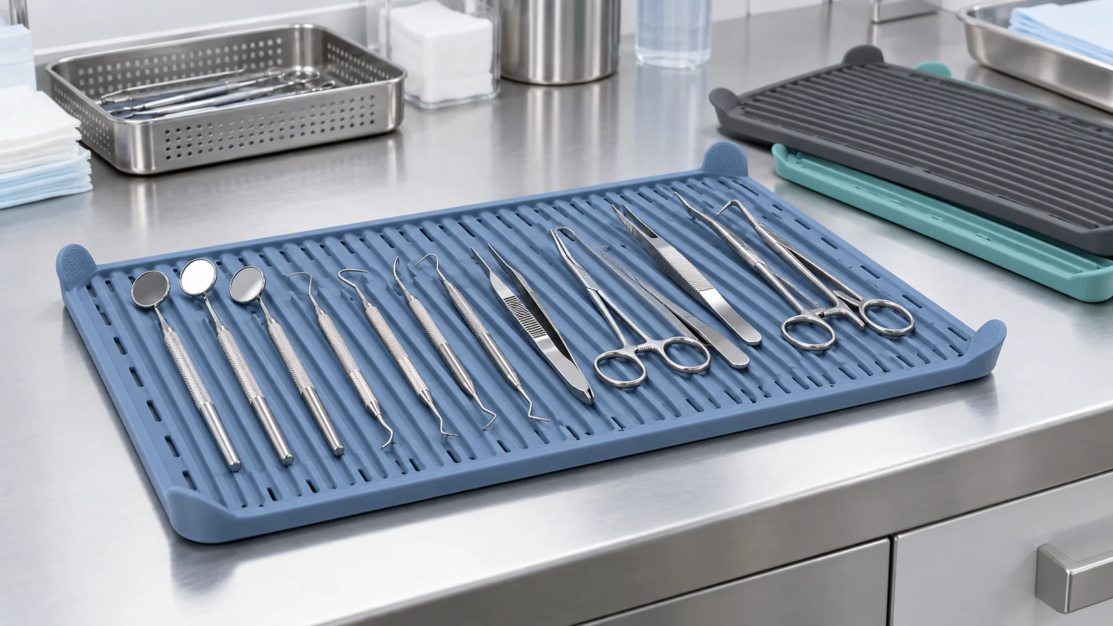 Custom silicone medical instrument mat with raised ribs drainage channels and stainless hand instruments