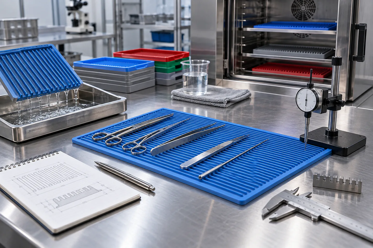 Cleaning and Conditioning Validation Silicone instrument mat undergoing dimensional drainage cleaning and thermal-conditioning review