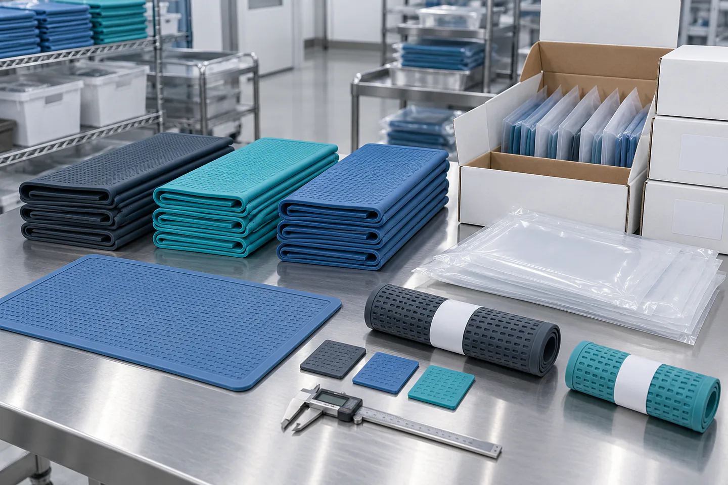 Identification and Controlled Packout Custom silicone instrument mats in color variants with blank protective packaging and cartons