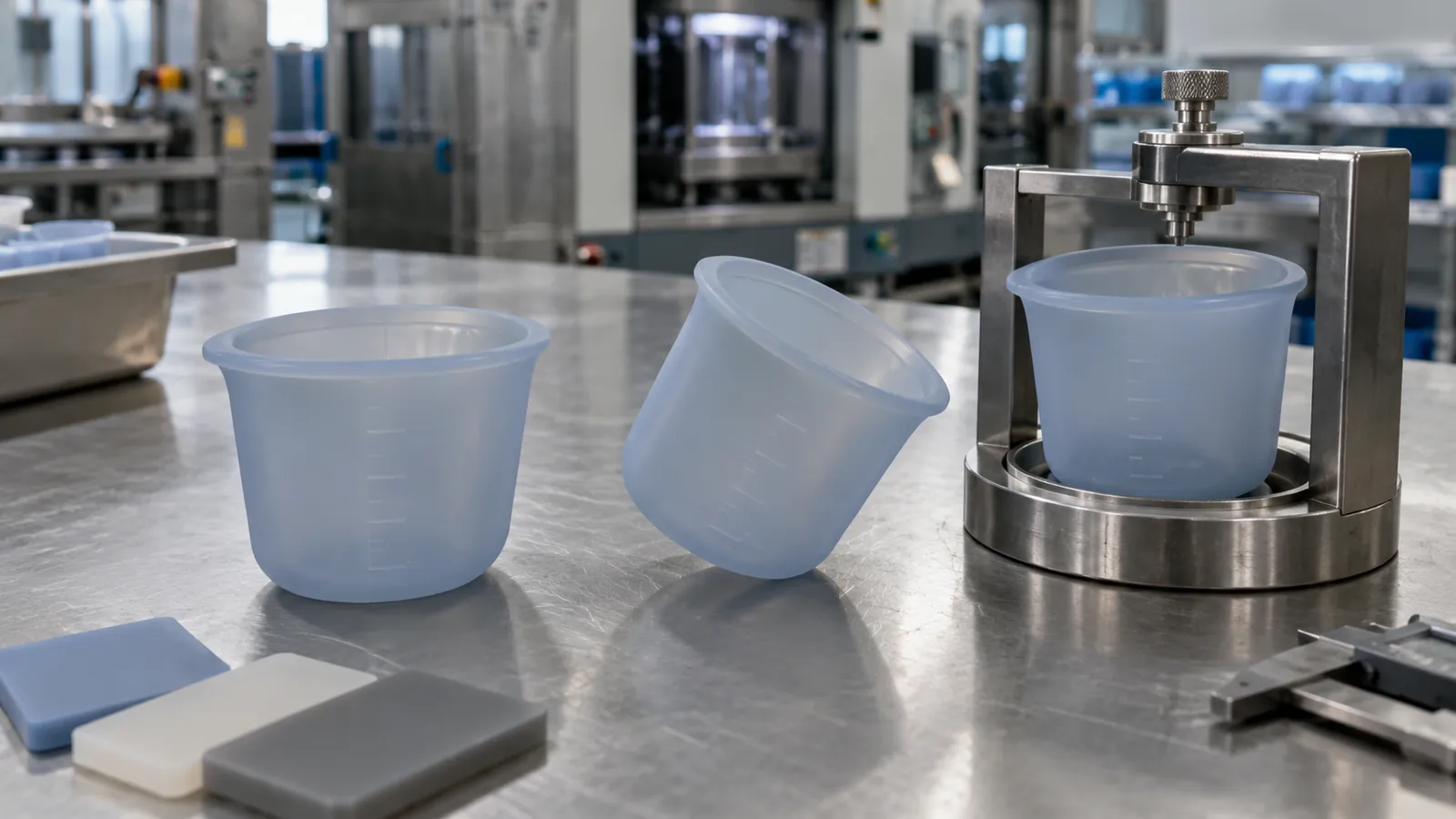 Translucent blue silicone medicine cups on a factory quality-control bench
