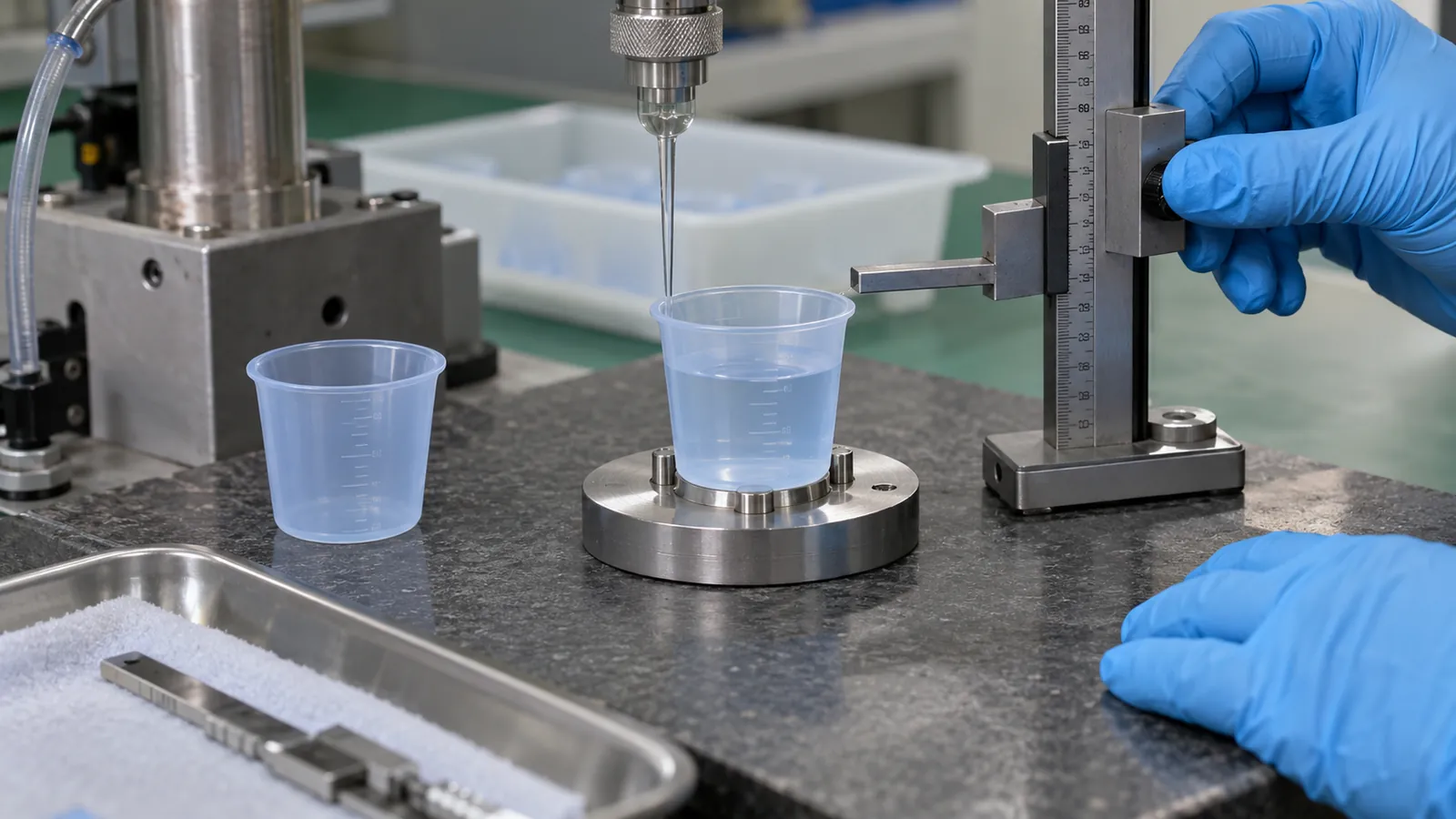 Silicone medicine cup undergoing dimensional and controlled liquid capacity inspection
