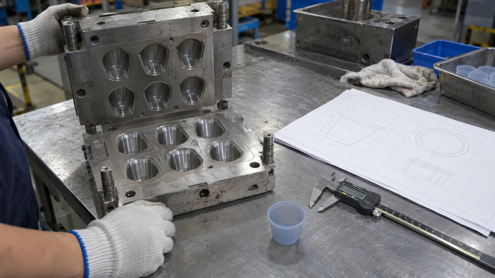 Open aluminum medicine cup mold reviewed with a first article and calipers