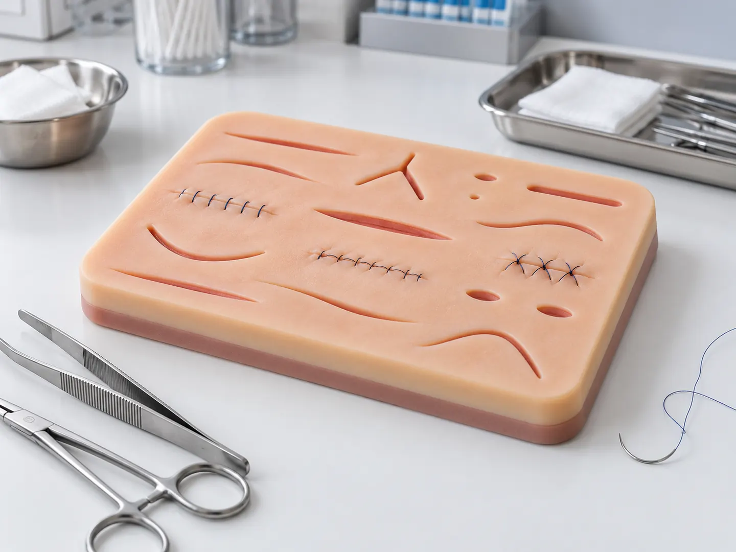 Custom multilayer silicone suture training pad with molded practice wounds and training instruments