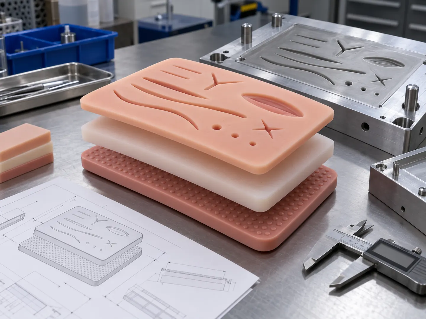 Exploded multilayer silicone suture pad with mold tooling drawing and calipers