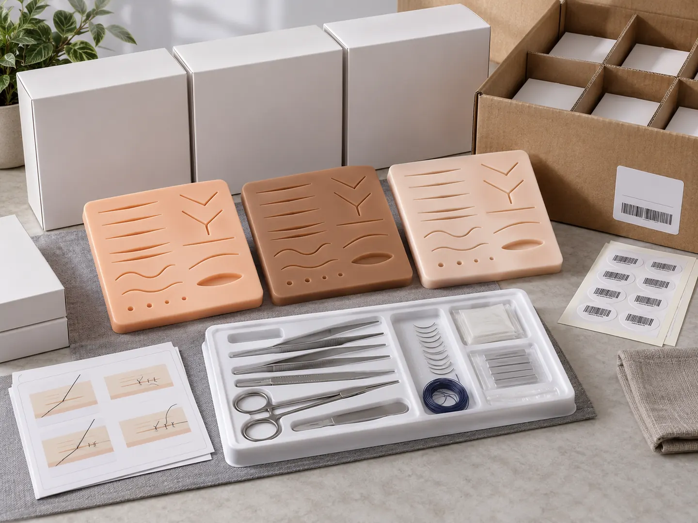 Private label silicone suture training pad kits with color variants tools and blank packaging