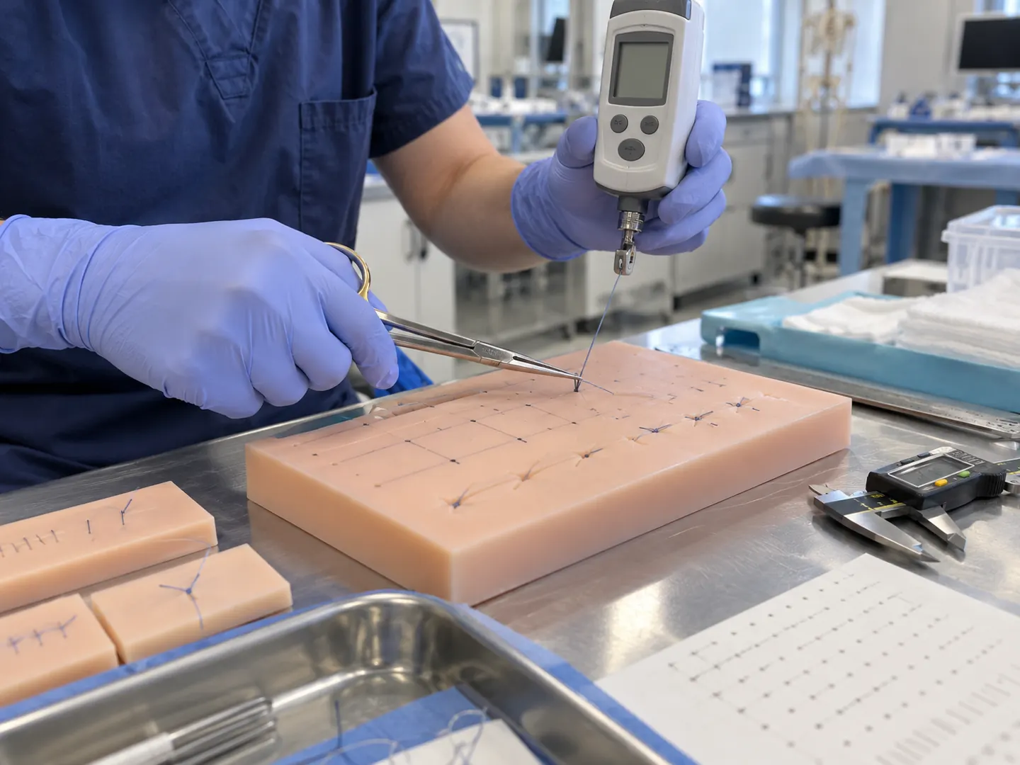 Controlled puncture and suture pull evaluation on a silicone training pad