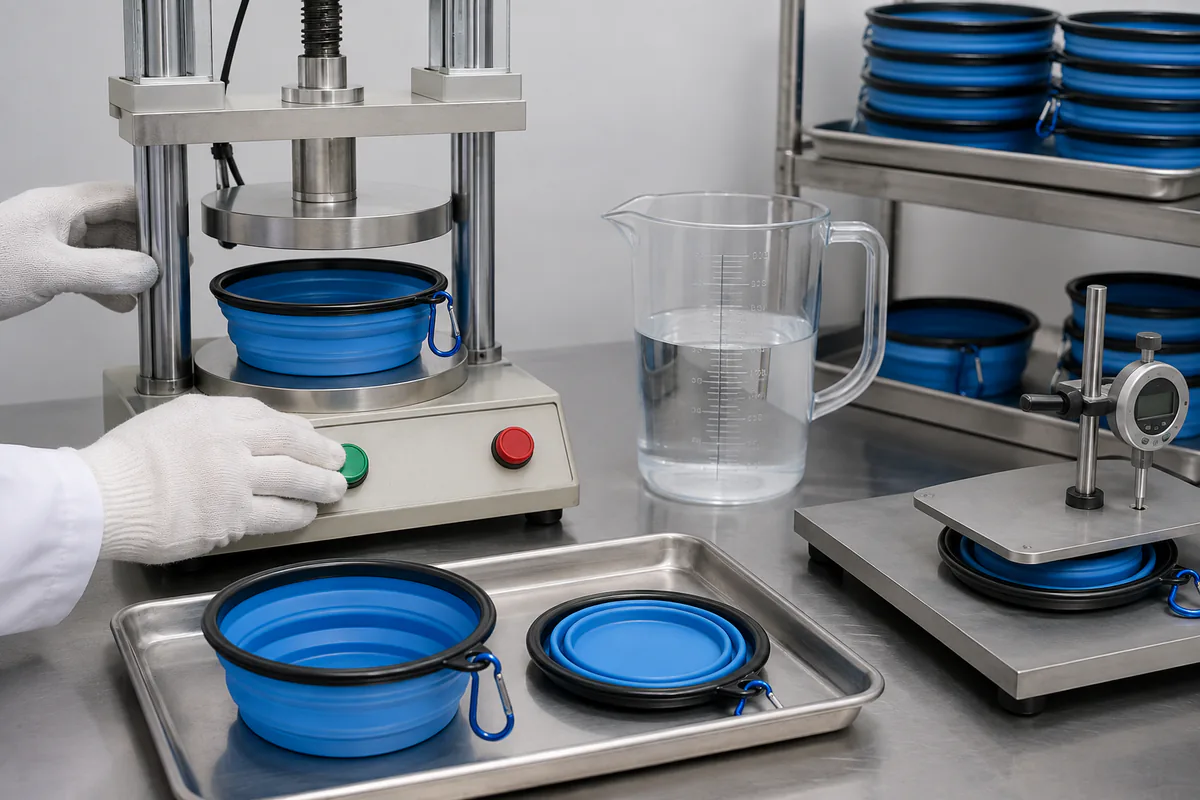 Cycle, Capacity and Stability Validation Collapse cycle capacity and standing stability validation for a silicone travel pet bowl
