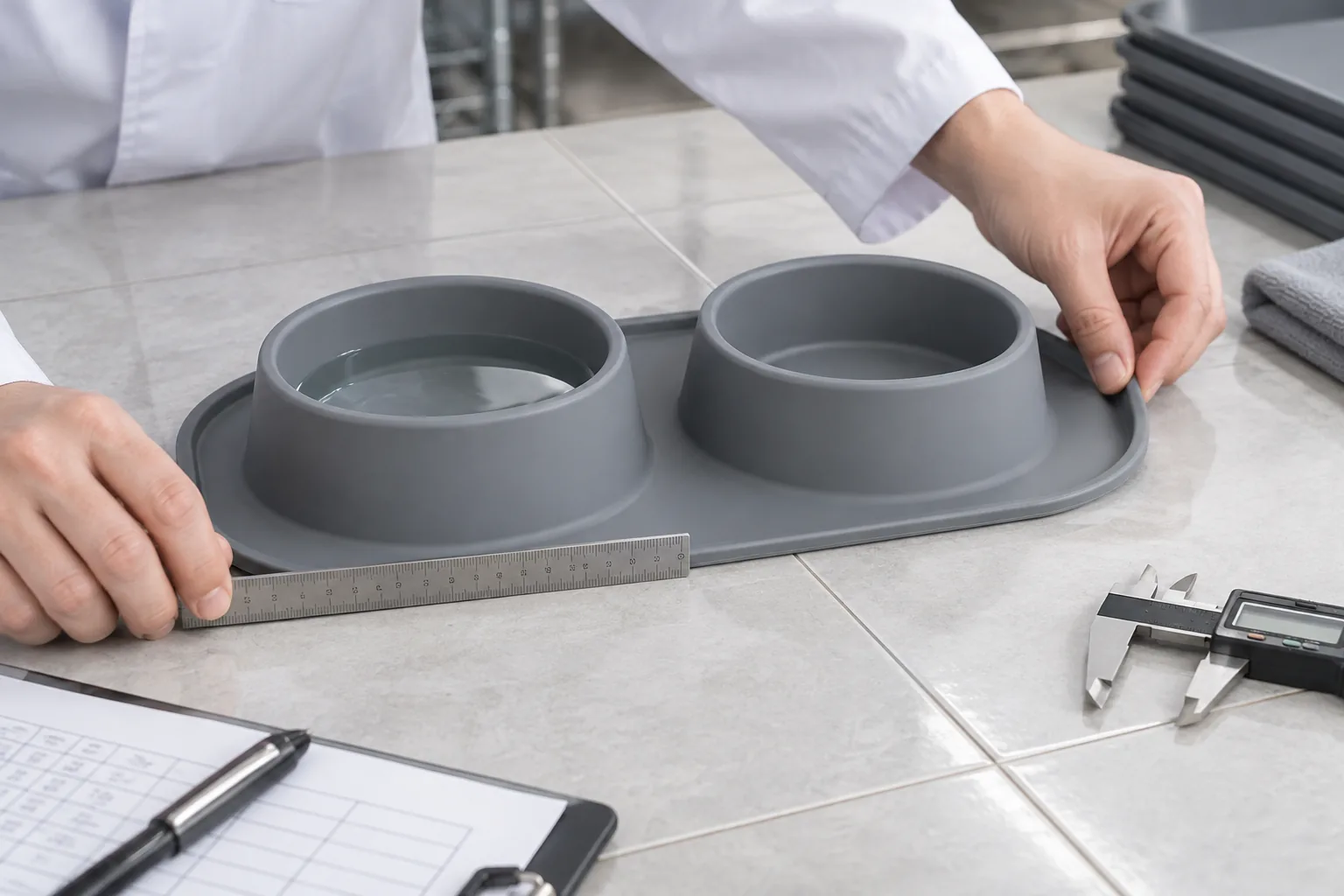 Flatness and Spill-Zone Review Technician checking double-bowl feeding mat flatness and spill perimeter on tile