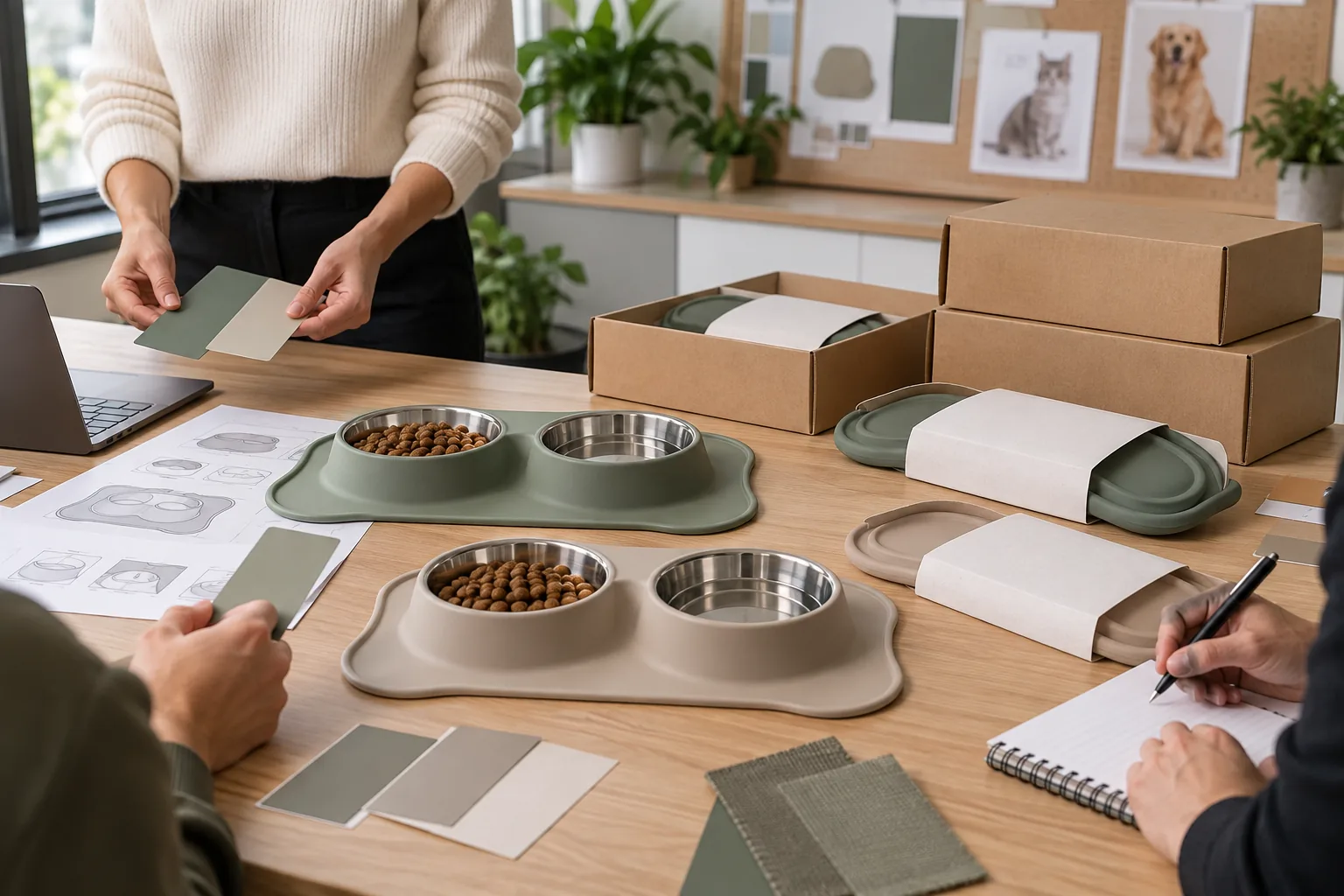 Private-Label Range and Pack-Out Two colorways of double-bowl pet feeding mats with blank private-label packaging