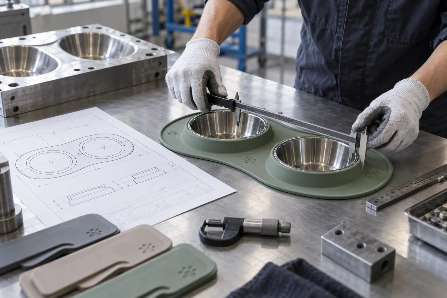 Construction and Tooling Fit Review Engineer measuring a double-bowl pet feeding mat with optional removable bowl inserts