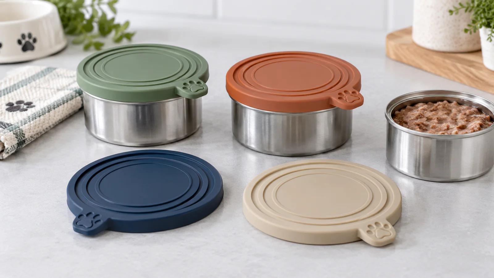 Custom silicone pet food can cover set in four colors with concentric sealing ribs and paw-shaped pull tabs