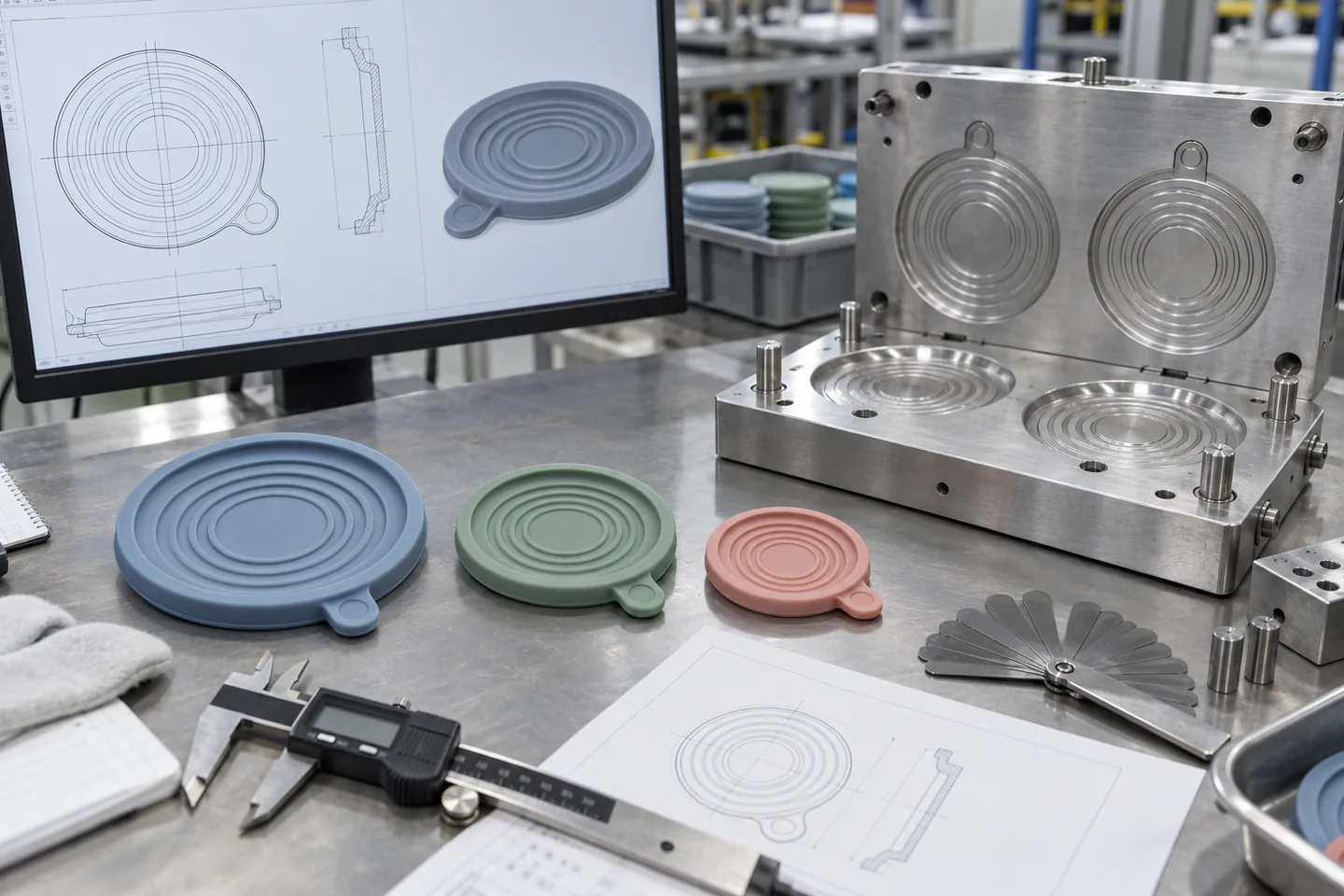 Cover DFM and Tooling Review Silicone pet food can cover prototypes with sectional drawing gauges and compression mold tooling