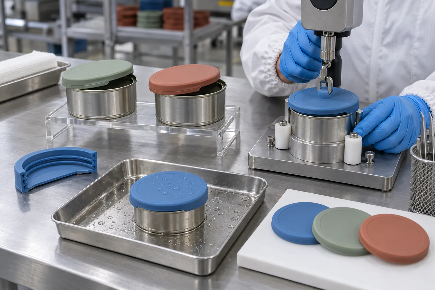 Can-Matrix Fit and Handling Validation Fit retention removal and water-drop observation for silicone pet food can covers on multiple plain metal cans