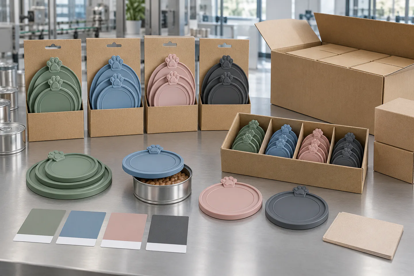 Private-Label Set and Packout Approval Private-label silicone pet food can cover sets in coordinated colors with blank kraft retail packaging and cartons