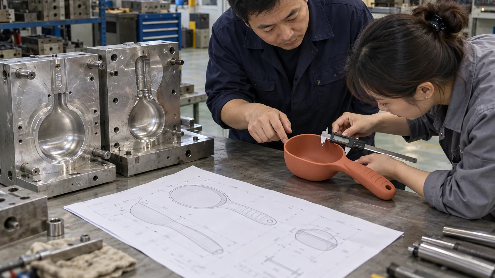 Bowl and Handle DFM Review Factory engineers reviewing an aluminum scoop mold and terracotta silicone first article