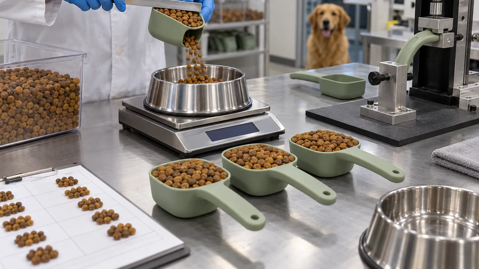 Portion and Handle Recovery Validation Technician weighing repeated kibble portions and checking silicone scoop handle recovery