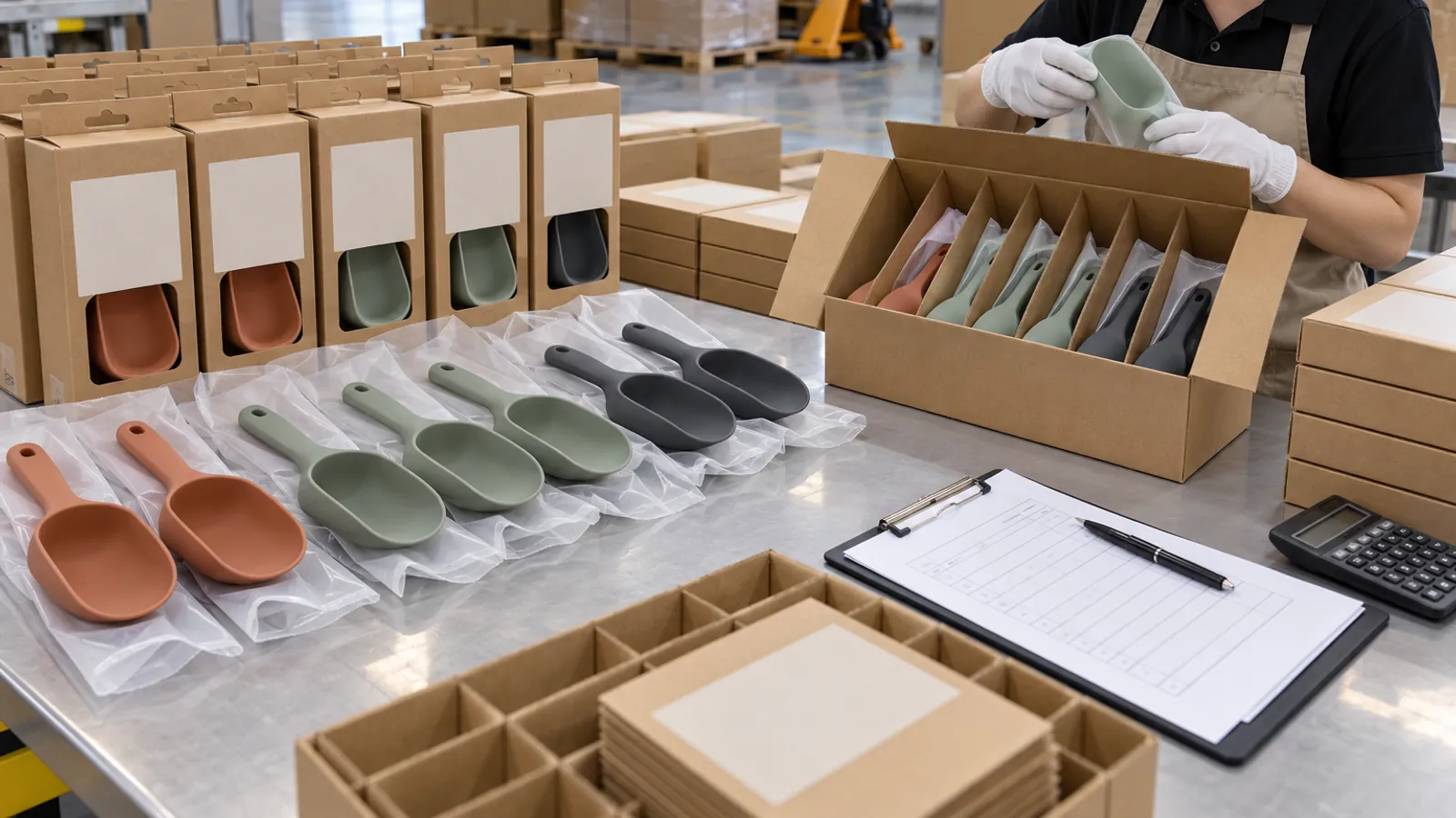Private-Label Identification and Pack-Out Terracotta sage and charcoal silicone pet food scoops arranged in kraft retail boxes and export dividers