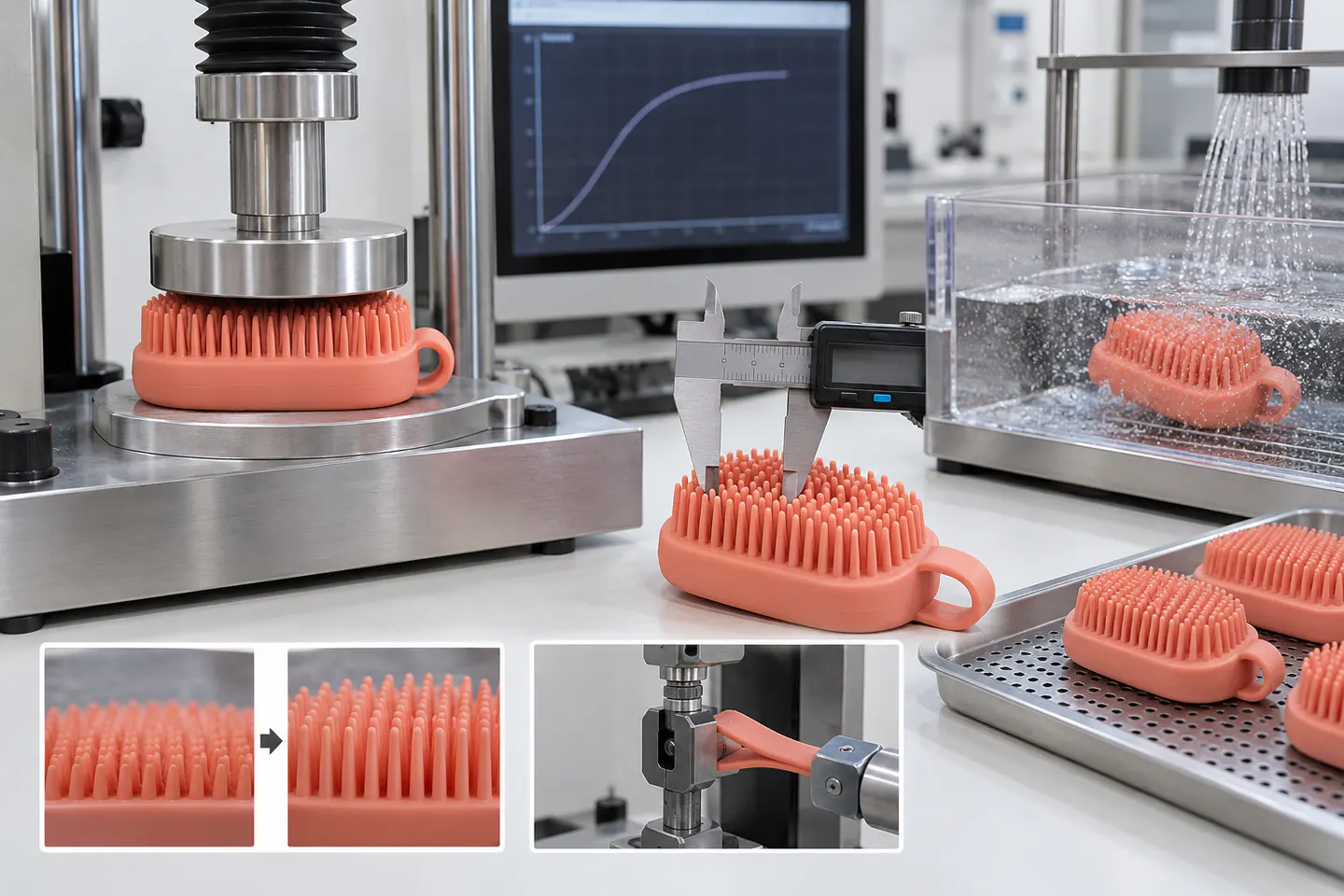Bristle and Wet-Use Validation Compression recovery dimensional and rinse validation for a silicone pet grooming brush