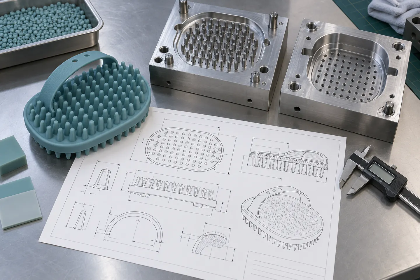 Bristle, Strap and Tooling DFM Silicone pet grooming brush beside mold tooling drawing and dimensional inspection tools