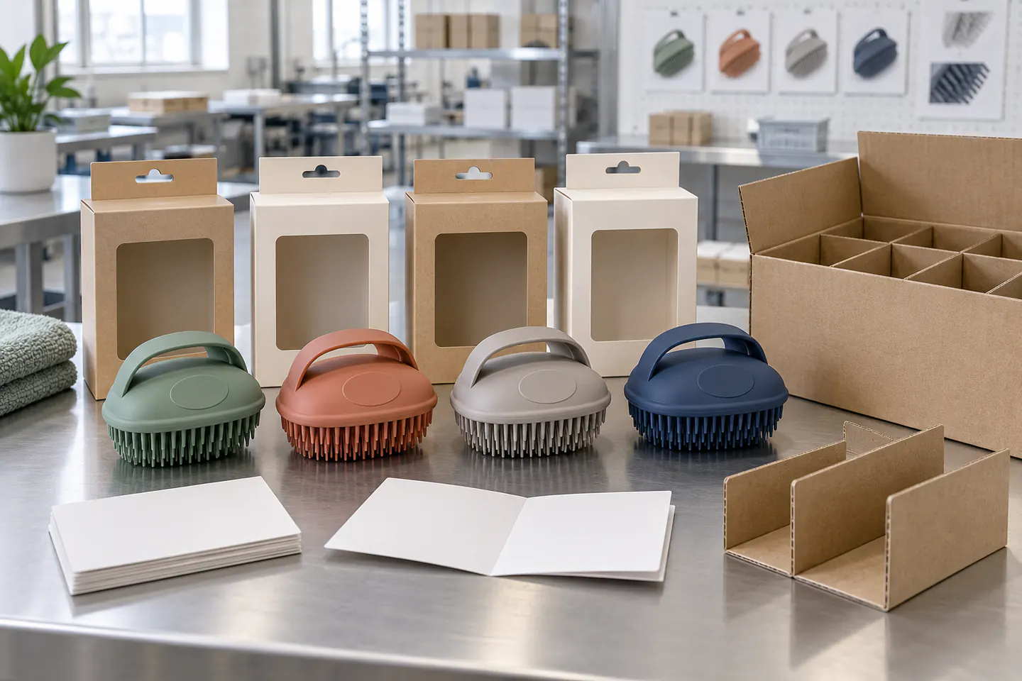 Private-Label Range and Packout Private-label silicone pet grooming brushes in four colors with blank retail packaging