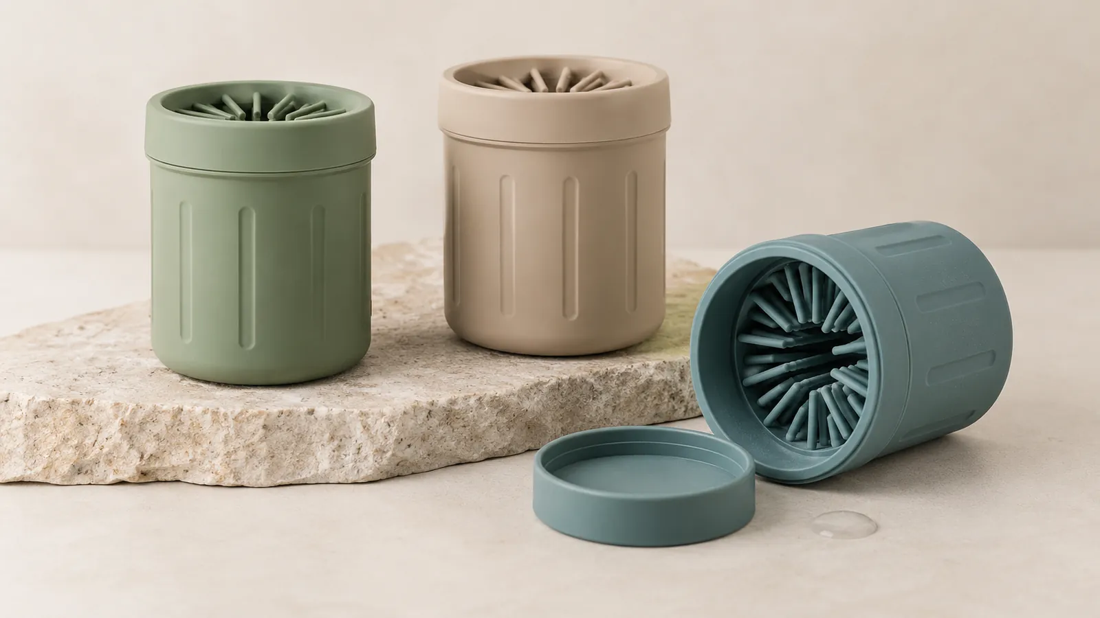 Three matte silicone pet paw cleaner cups in sage, sand and dusty teal with one cup opened to show radial flexible fins