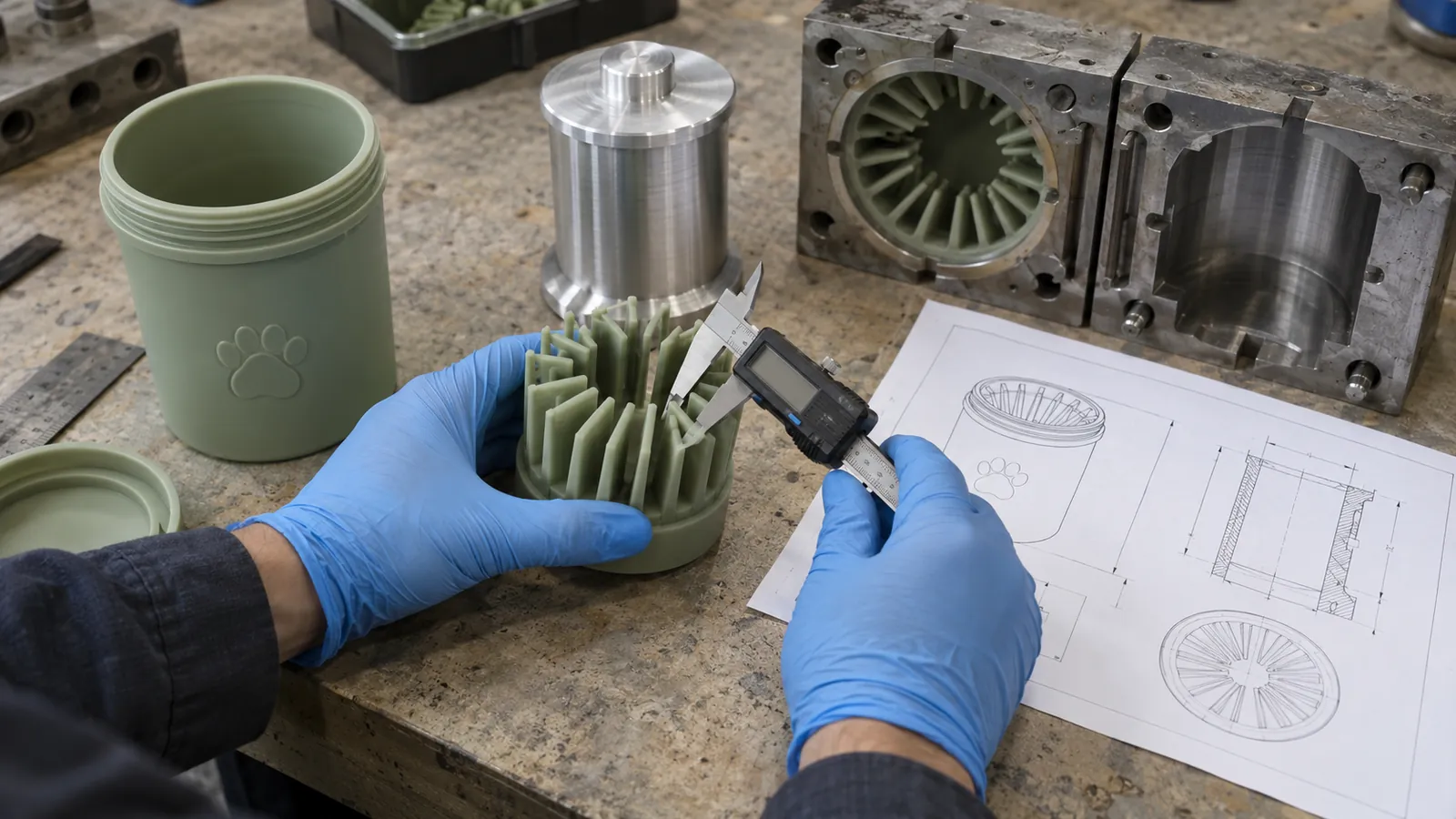 Fin Insert DFM and Tooling Review Gloved engineer measuring a sage silicone paw-cleaner fin insert beside aluminum tooling and a technical drawing