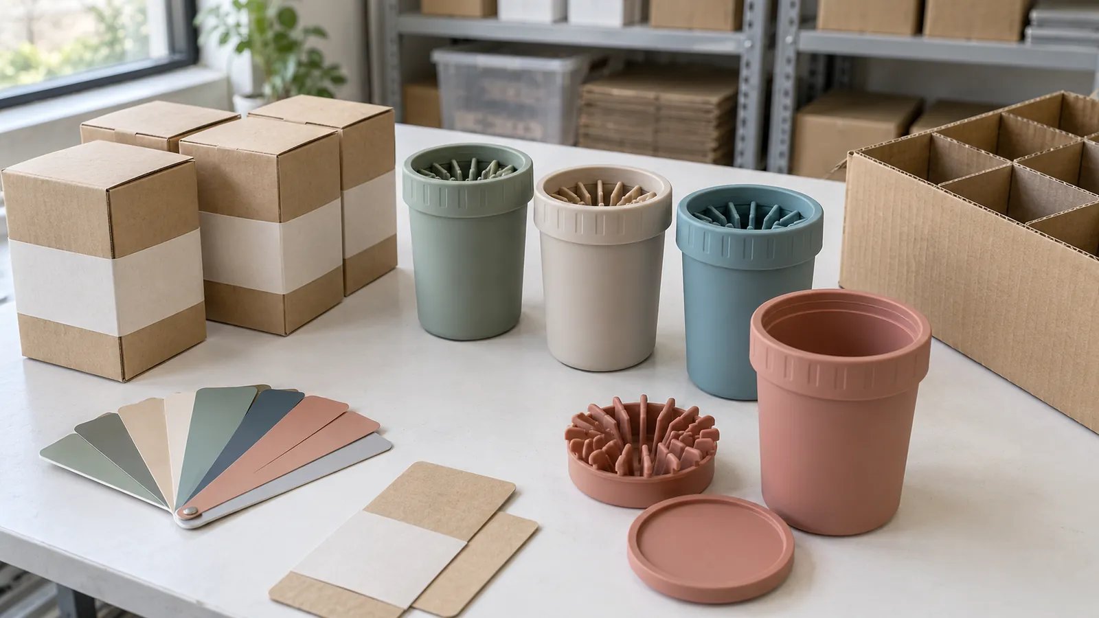 Private-Label Size and Pack-Out Approval Four colored silicone pet paw cleaner cup samples with plain kraft cartons, paper bands and corrugated shipping dividers