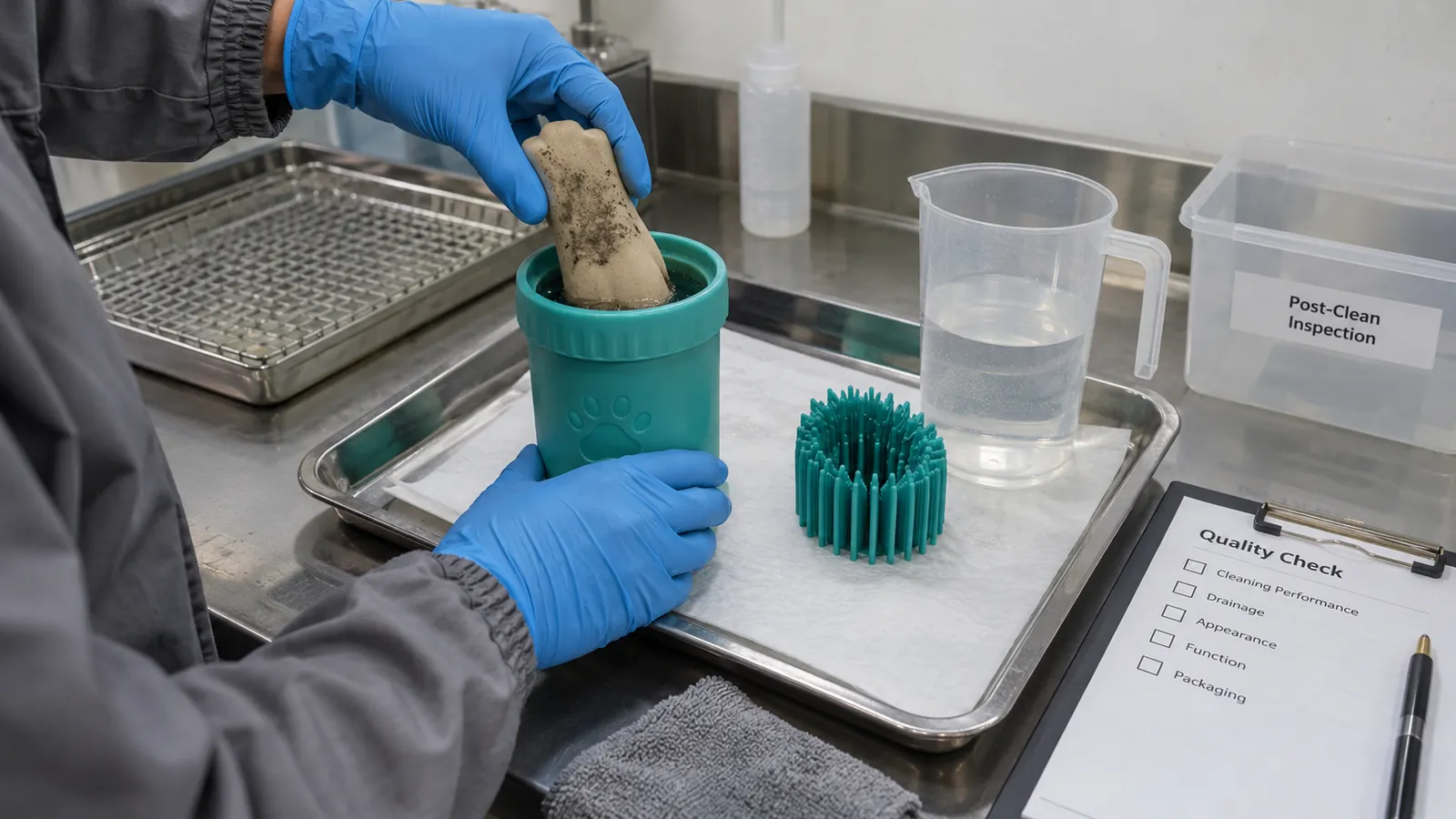 Controlled Cleaning and Drainage Evaluation Technician evaluating a dusty teal silicone paw cleaner cup with a rubber paw fixture, water beaker and inspection tray