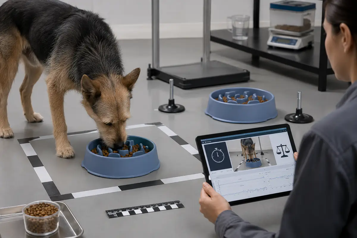 Controlled feeding-time and non-slip validation for a silicone slow feeder dog bowl