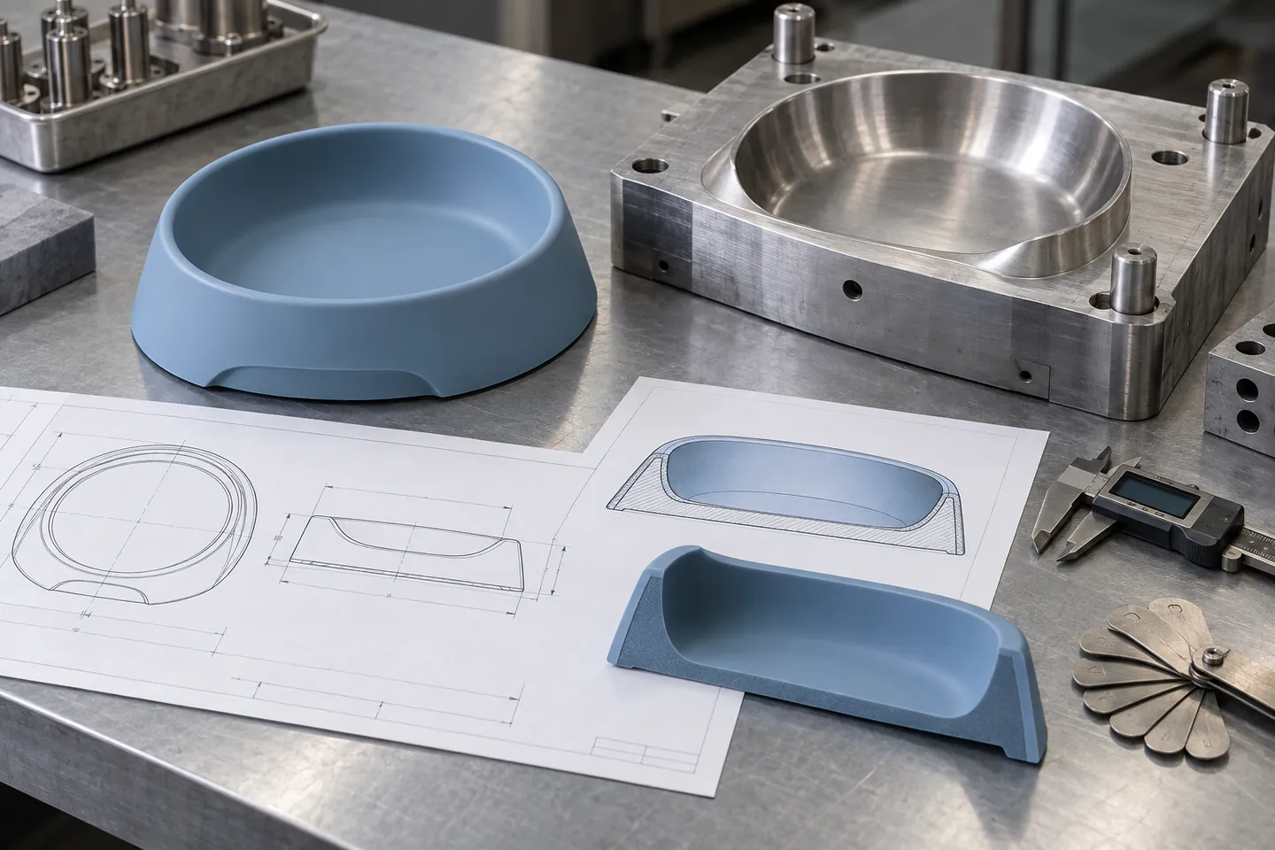 Cat Bowl DFM and Tooling Review Engineer reviewing a silicone cat bowl with mold insert drawing and caliper