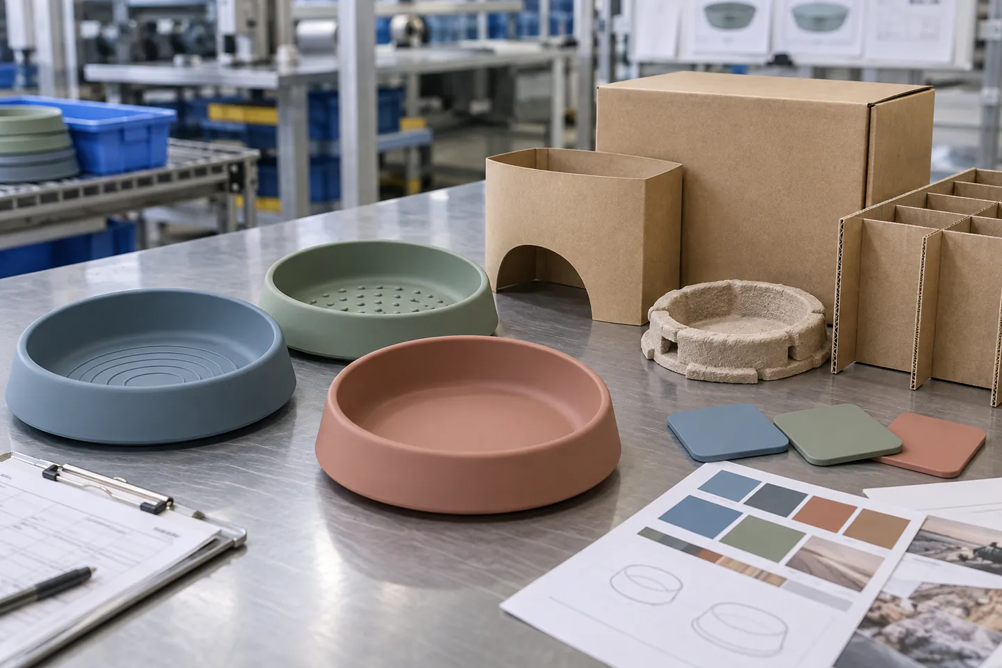 Private-Label Cat Bowl Packout Blue sage and clay silicone cat bowls with kraft private-label packaging