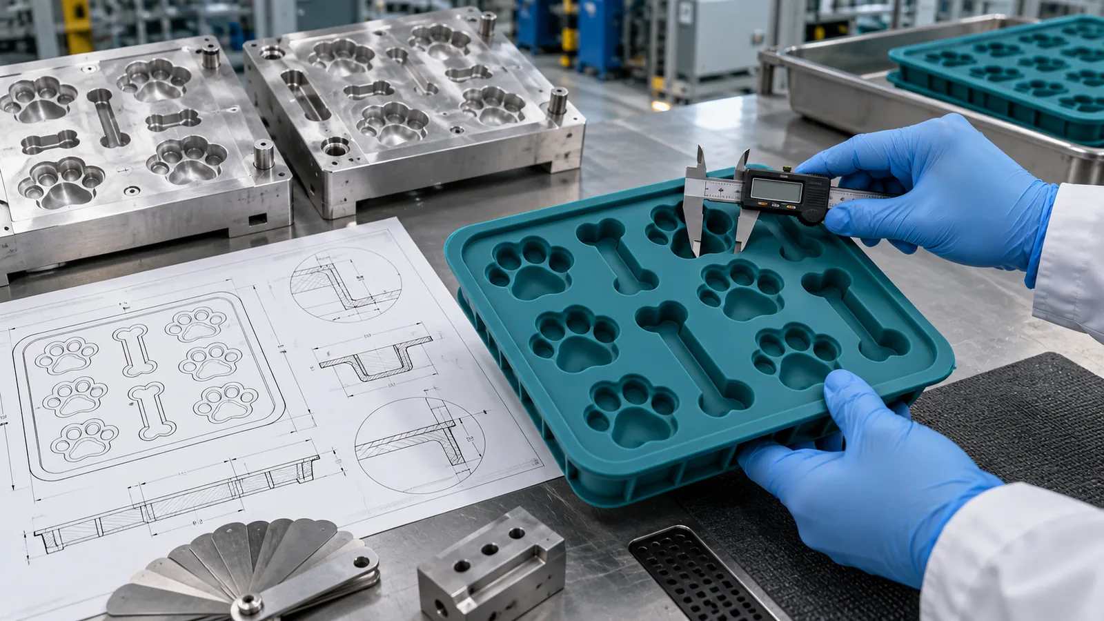 Cavity DFM and Tooling Review Engineer measuring pet treat mold cavities beside aluminum tooling and technical drawing