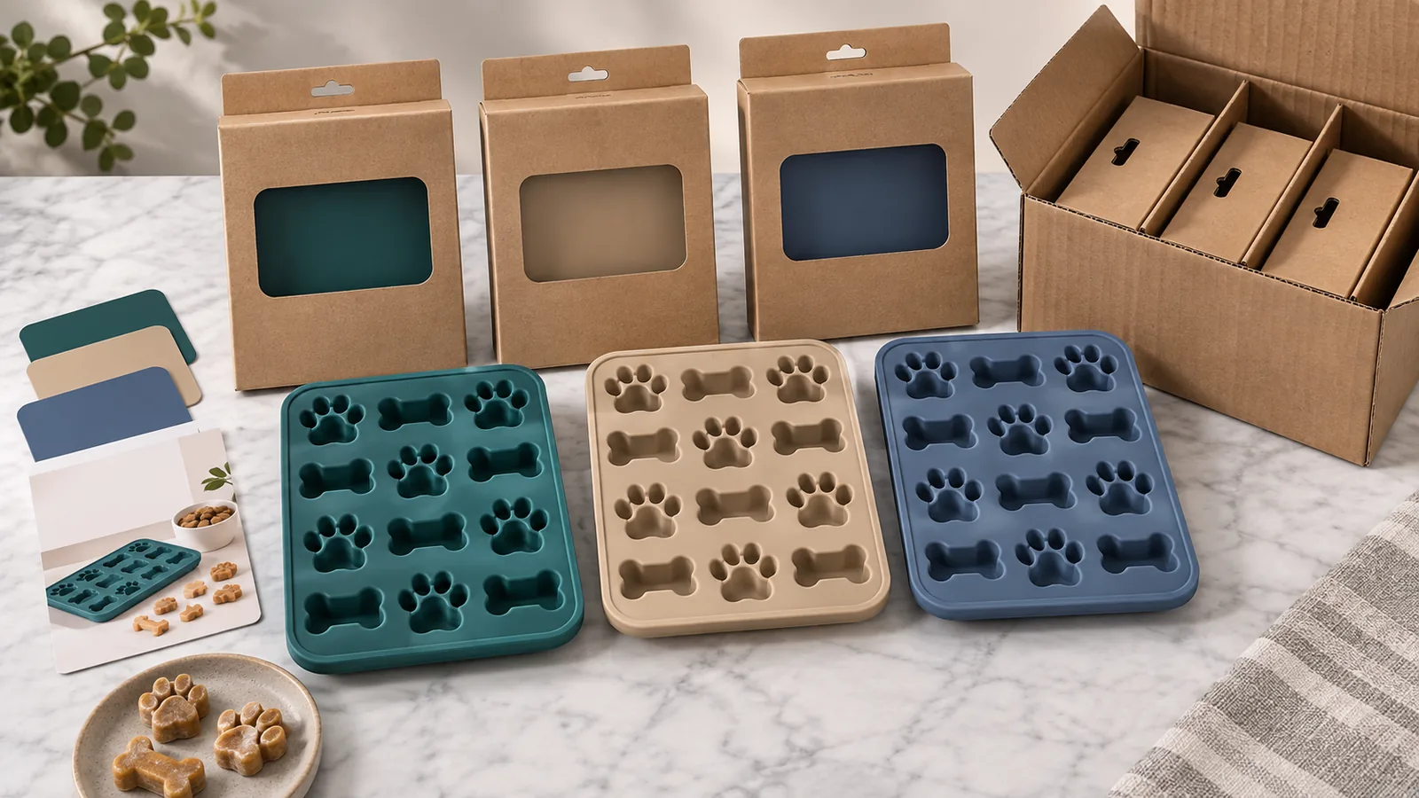 Private-Label Treat Mold Packout Three pet treat mold colorways with blank private-label sleeves and carton divider