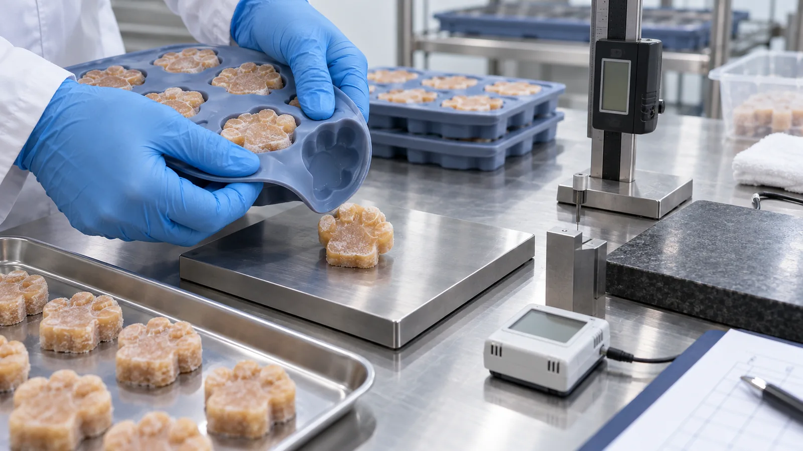 Frozen Release and Recovery Validation Technician releasing a frozen paw treat during silicone mold quality validation
