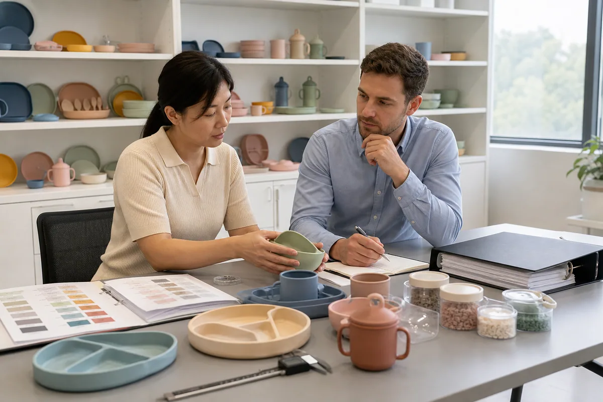 Buyer and quality manager reviewing silicone product samples and supplier evidence